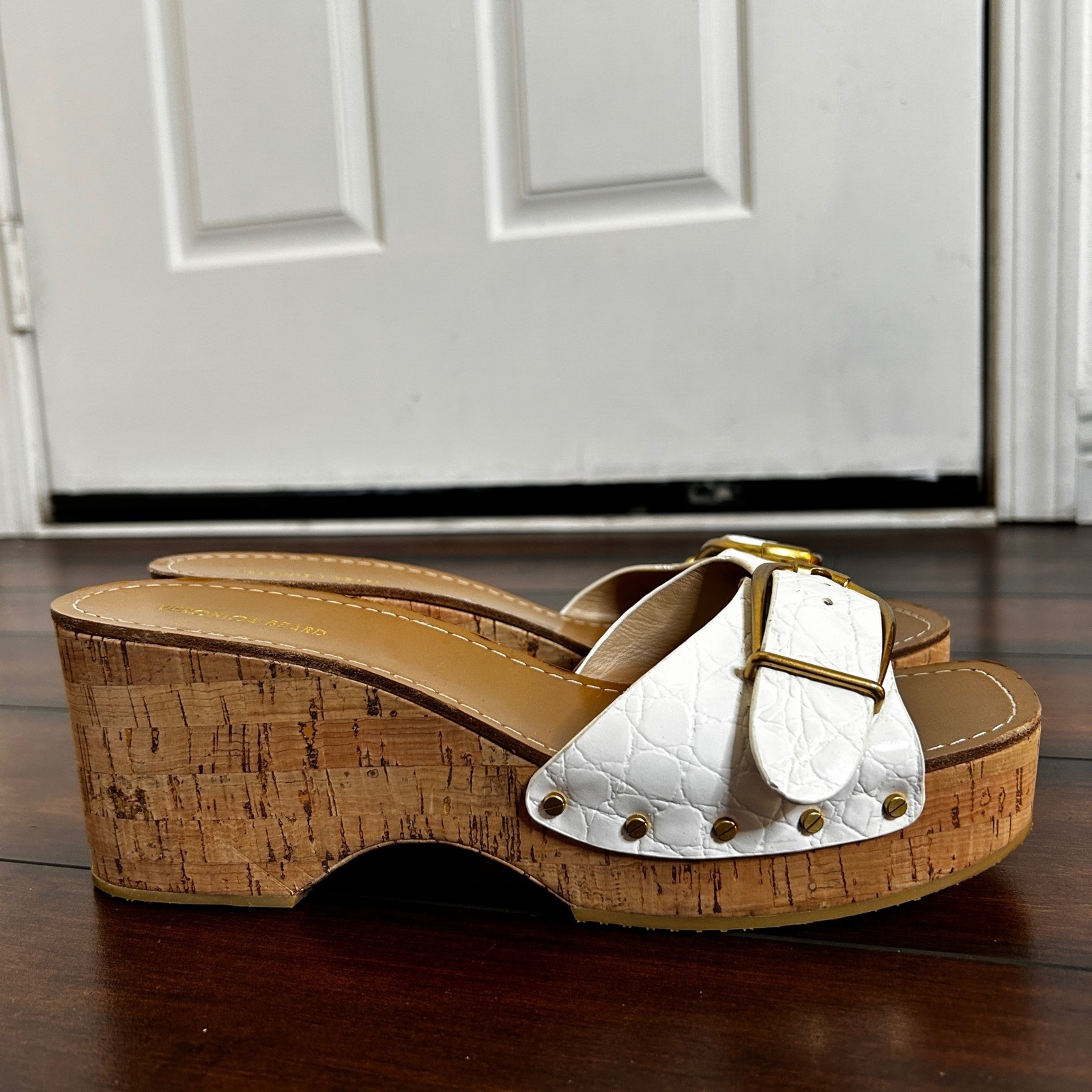 Veronica Beard Dallas Metallic Buckle Wedge Leather Slide Sandals Women's size 9