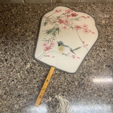 VINTAGE Silk Hand Painted Paddle Fan
