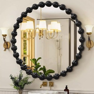 Black Round Wall Mirror Metal Framed Beaded Mirrors Decorative Large 60cm
