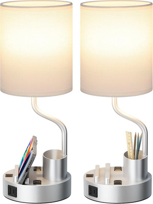 Set of 2 Grey Bedside Table Lamps with USB & AC Outlet for Charging