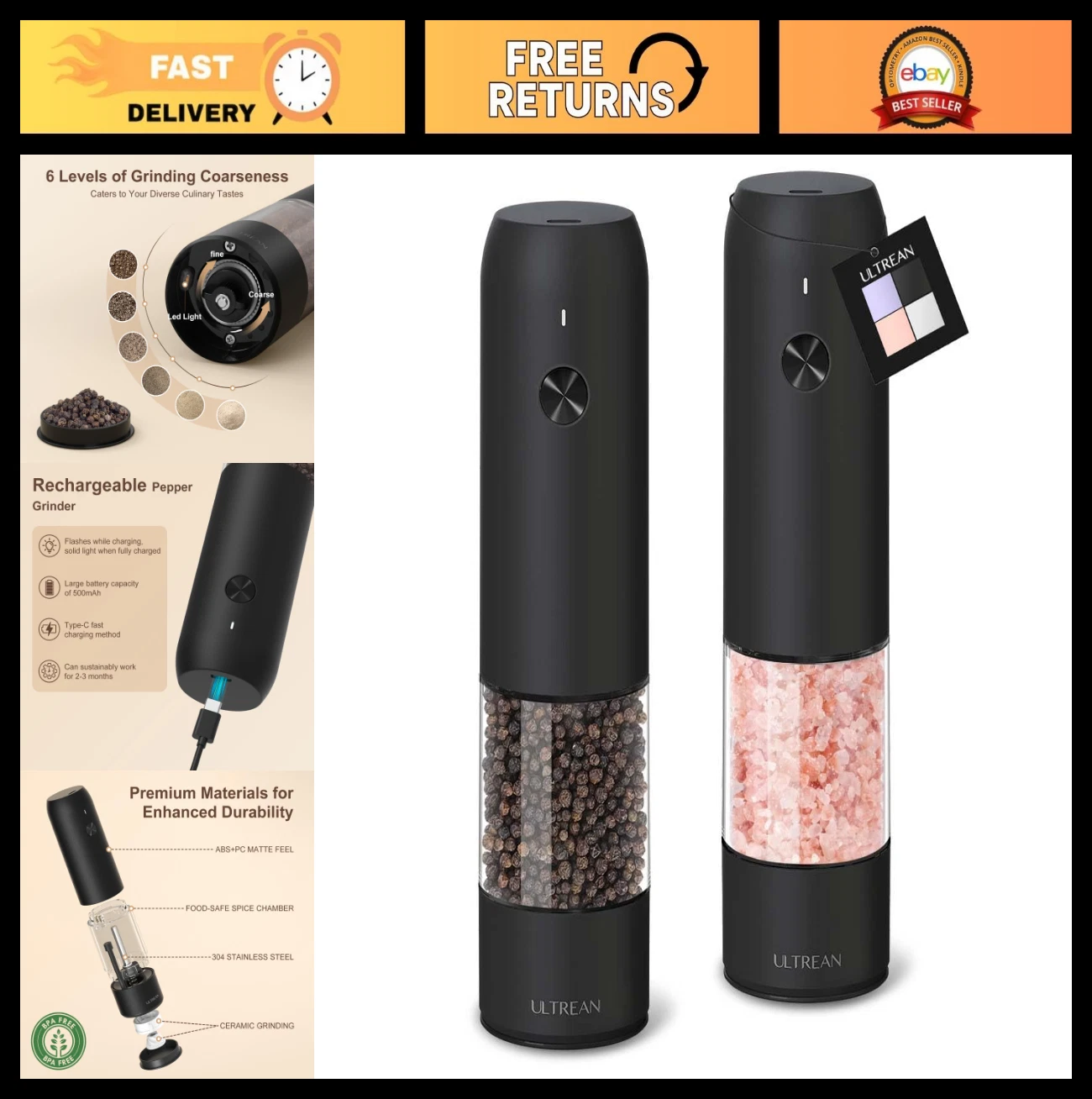 Rechargeable Electric Salt & Pepper Grinder Set, 6 Coarseness Levels, LED Light,