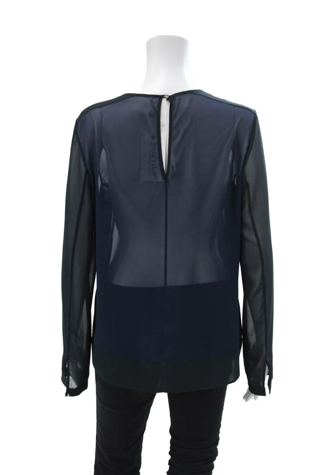J Brand Womens Sheer Two-Toned Long Sleeve Pullover Blouse Top Navy Size M - Image 3 of 4