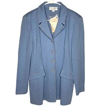 St John Evening Marie Gray Blue Wool Knit Rhinestone Blazer Jacket Size 12 NEW