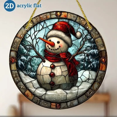 Schneemann Weihnachtsszene rund Acryl Sonnenfänger Buntglasoptik Deko Geschenk