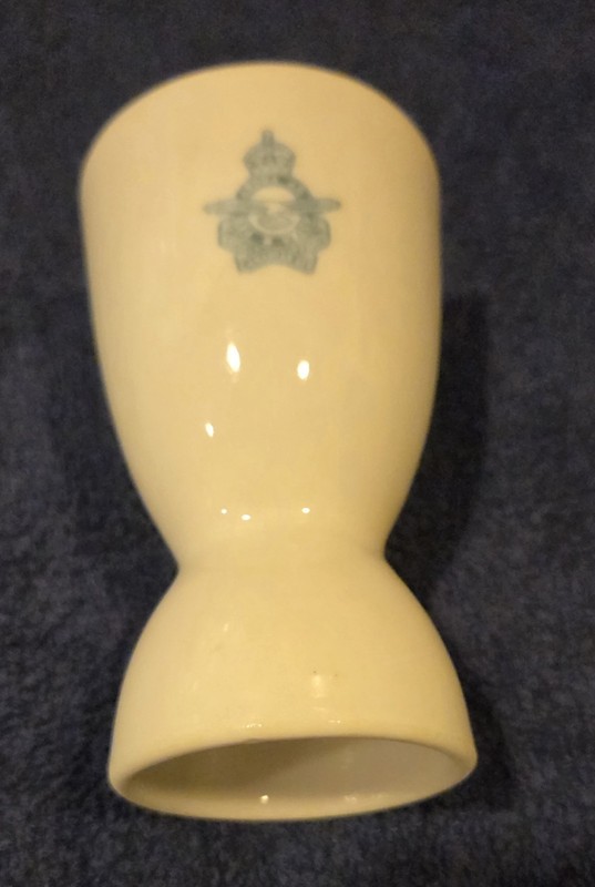 White Porcelain Egg Cup, Blue Crest Emblem, Glossy Finish, Round, 1 Cup