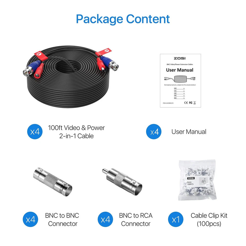 4 Pack 100ft 30 Meters 2-in-1 Video Power Cable BNC Extension Surveillance Ca... - Image 2 of 4