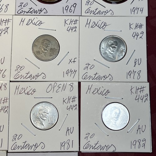 Lotto 18 monete Messico 1943 - 1983 20 e 25 centavos fine F- FDC condizioni - Foto 7 di 14