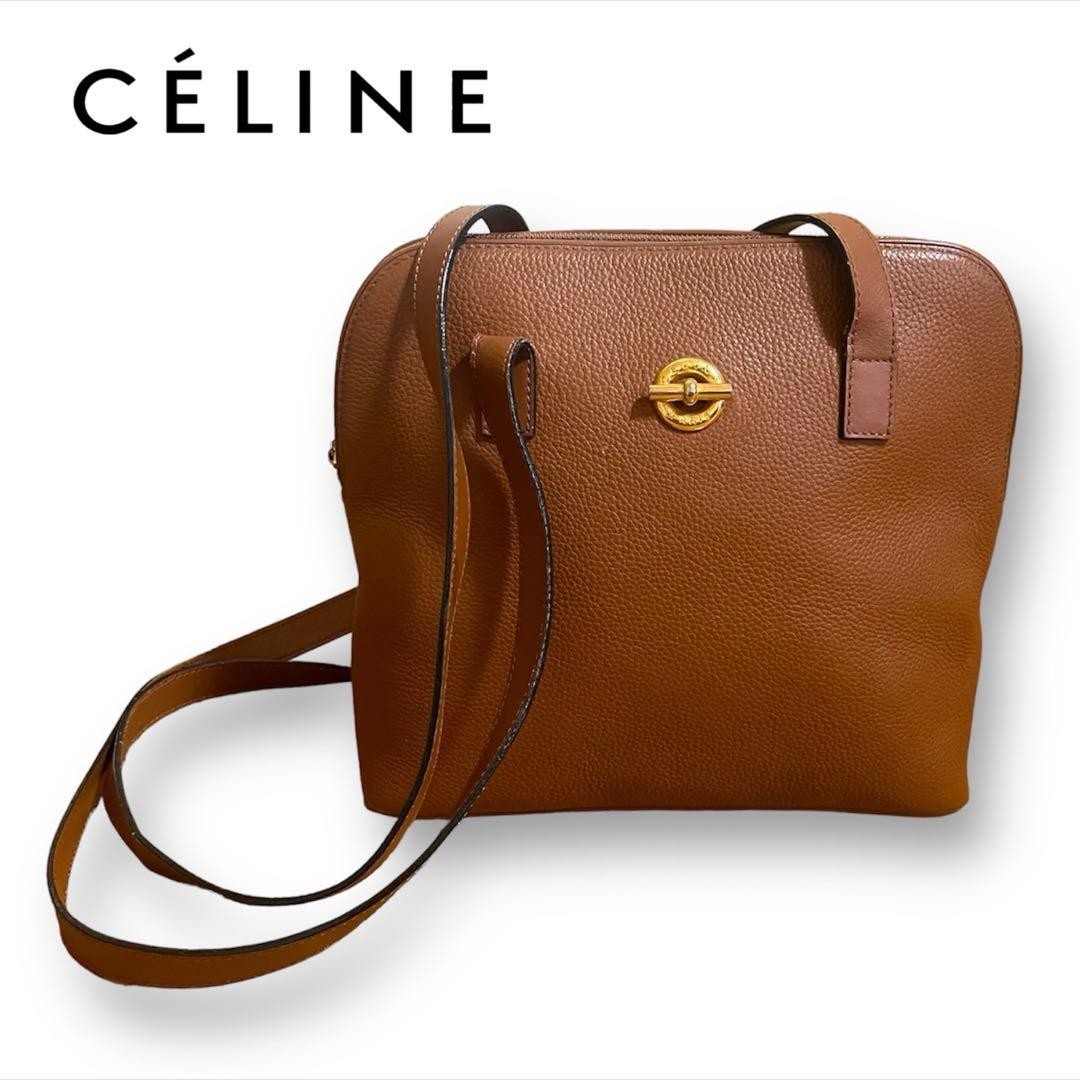 Celine Vintage Leather Brown Shoulder Bag Gold Hardware Plate Pre-owned Japan