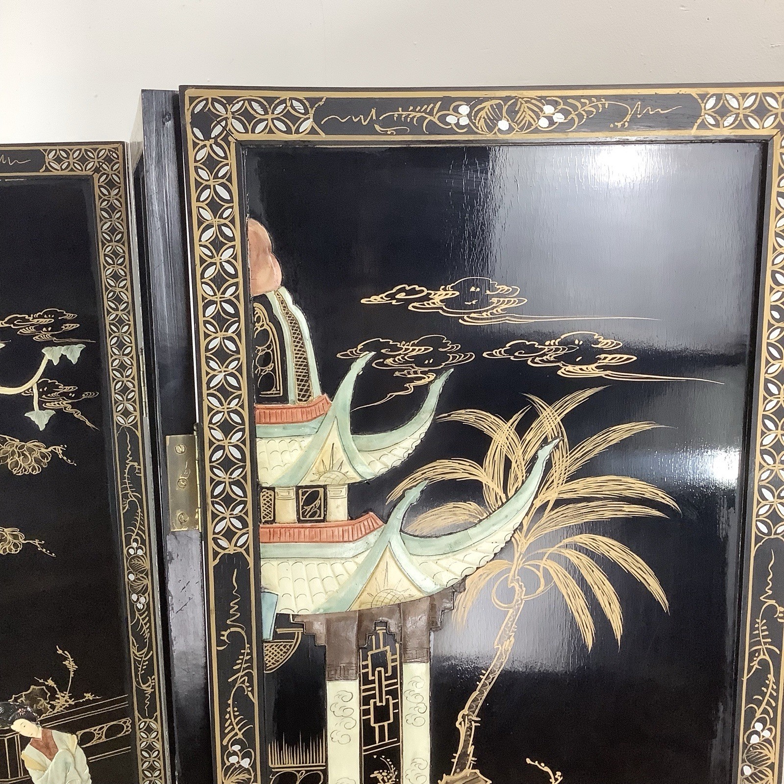 Vintage Black Lacquer Chinoiserie Folding Screen