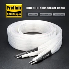 Pair Silver Plate Copper Speaker Cable Flat Bi-Wire Loudspeaker Banana Connector