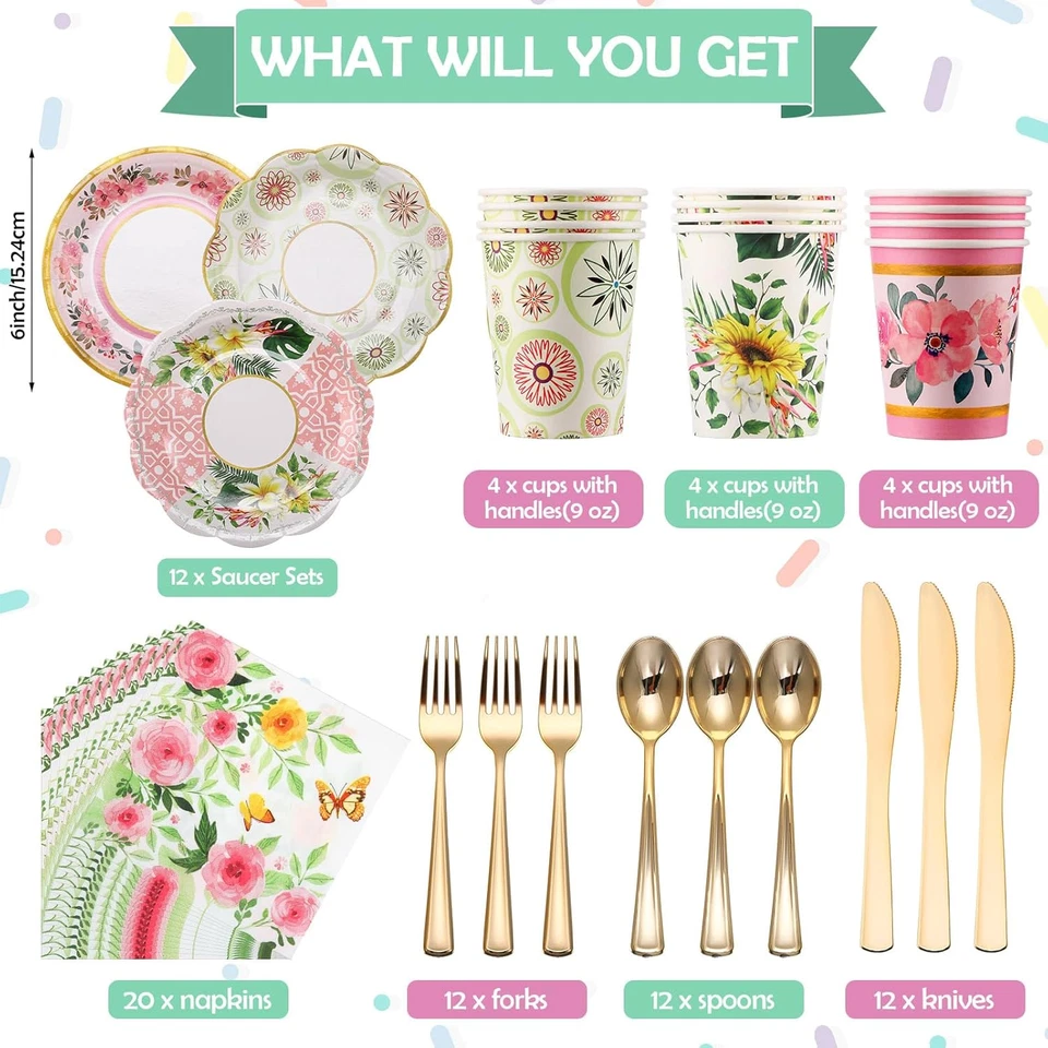 Juego de vajilla floral para fiesta de té de 121 piezas incluye tazas y platillos de papel de 9 oz, siesta Foto 2 de 4