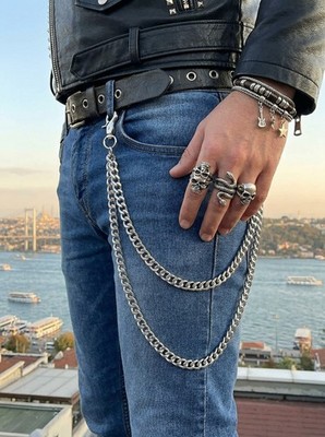 Men Women Silver Metal Wallet Chain Links Keychain Side Jeans