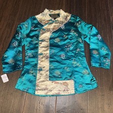 vintage Chinese silk brocade jacket with aqua frog closures Size Small