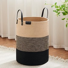 Tall Woven Rope Laundry Hamper, Leather Handles 58L Brown  Black