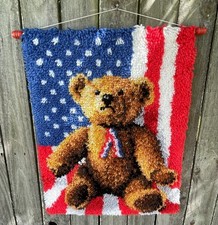 VTG Latch Hook Rug Wall Hanging 18x24  COMPLETE Beary Cute Patriotic Bear MCM