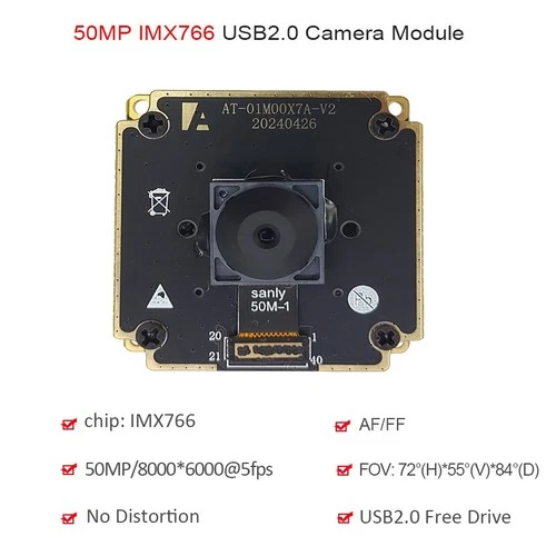 50MP IMX766 USB Camera Module 72° PDAF AF/FF No Distortion UVC Webcam 30fps