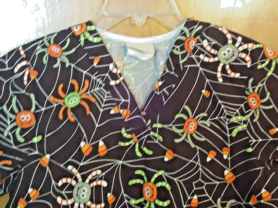 Tafford Size XS Short Sleeve Black Multi Color Halloween Spiders Scrubs Top - Image 2 of 4