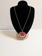 Necklace. Large Round Silver Tone Pendant With Red Bezel Set Acrylic Bead. 34". 
