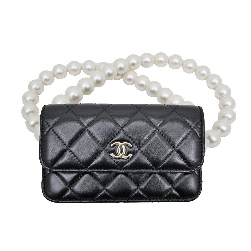CHANEL Black Lambskin Shoulder Bag with Chain and Pearl Accent