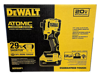 DEWALT ATOMIC 20V 1/4'' 3 Speed IMPACT DRIVER KIT + 5Ah BATTERY, Charger DCF850P1