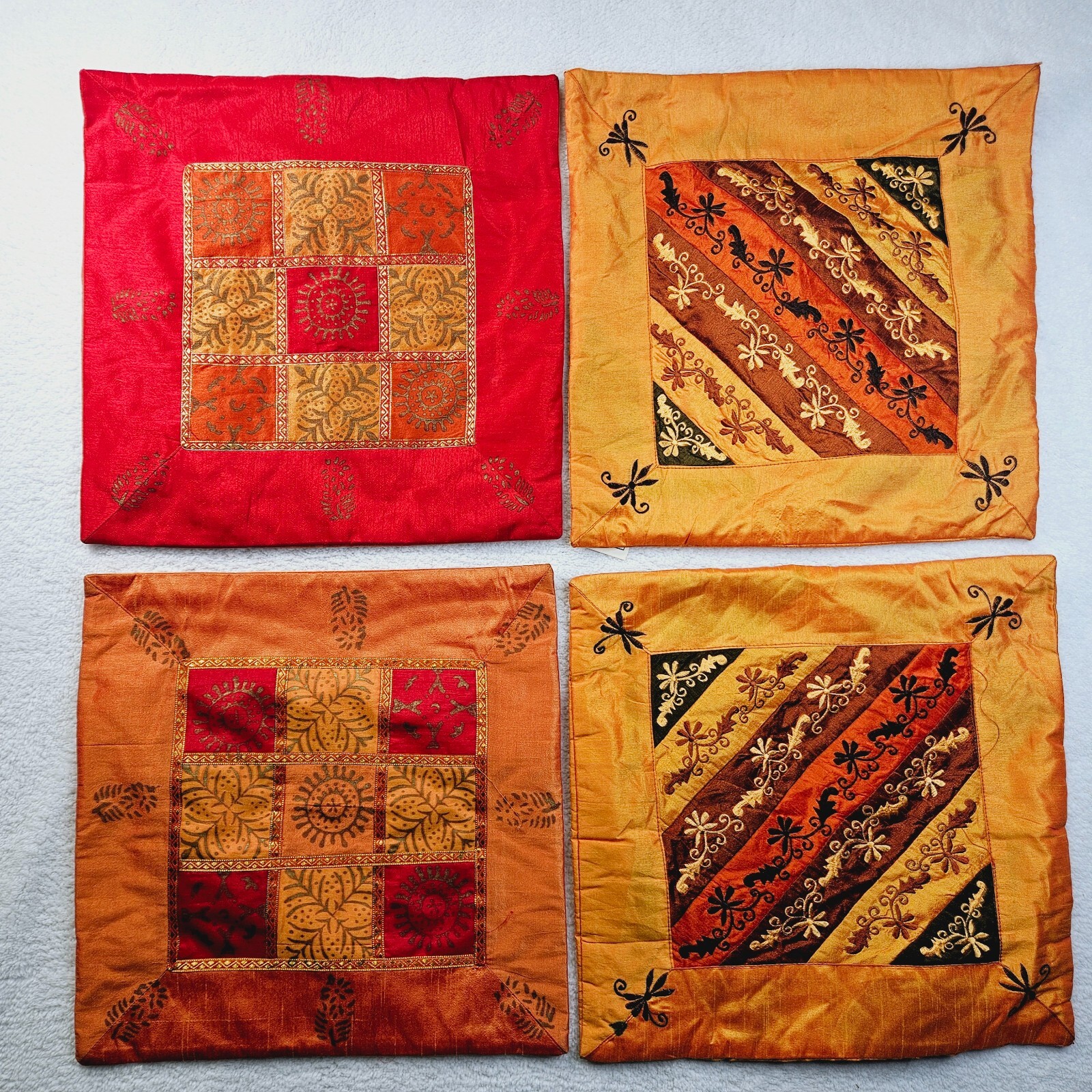 4 Pillow Covers 16 X 16 Inch Handcrafted Vegetable Dye Embroidered Bright-image