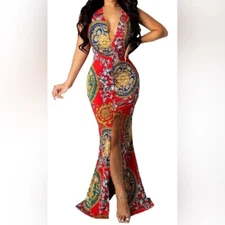 NWOT Red Maxi Print Dress Long V Neck Tight Bodycon Oriental Bright Slit Sexy