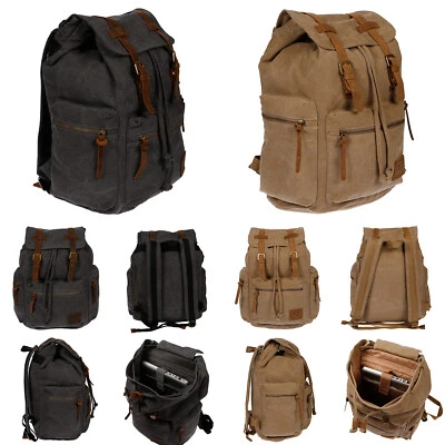 XXL Herren Damen Rucksack Canvas Leder Laptop Fach Uni Arbeit Schule Schwarz - Bild 1 von 4
