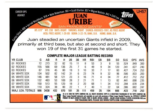 2009 Topps Updates & Highlights #UH57 Juan Uribe San Francisco Giants - Picture 2 of 2