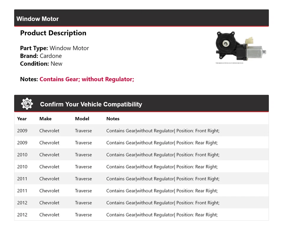 Chevrolet Traverse 2009-2012 ventana motor cardone 2010 2011 Foto 2 de 4