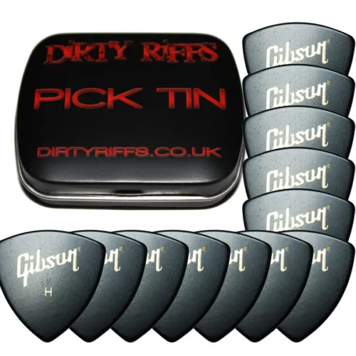 12 x Heavy Gibson Wedge Guitar Picks Plectrums In A Pick Tin