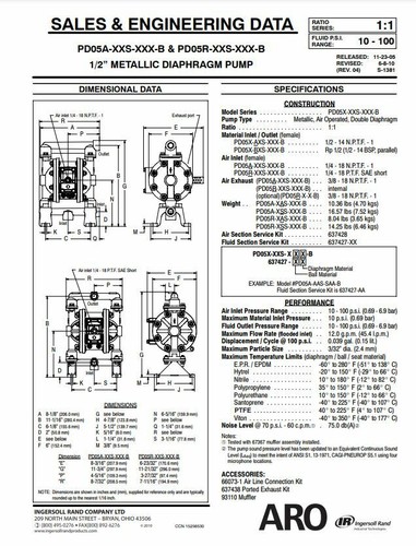 1/2" INGERSOLL-RAND ARO AIR DRIVEN DOUBLE DIAPHRAGM PUMP PD05A-BAS-PGG-B - Picture 3 of 4