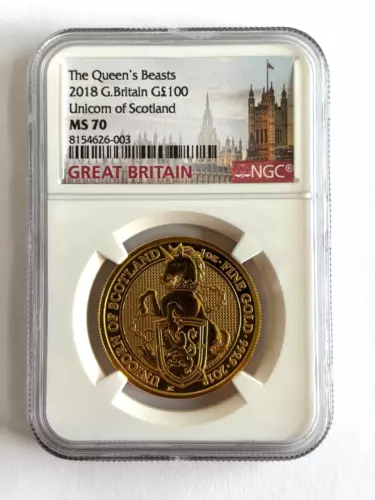 2018 The Queen's Beasts Great Britain 1oz Gold £100 Unicorn of Scotland NGC MS70