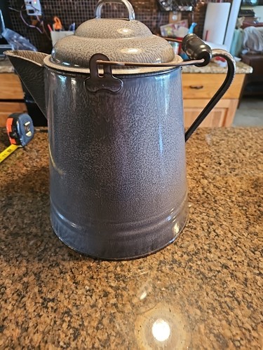 Large Grey Speckled Enamel/Graniteware Cowboy Pot W/Lid Wired Wood Handle Vntg - Picture 4 of 15