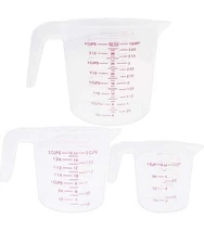 Set of 3 Plastic Measuring Cups Clear Measuring 1/2/4 Cup Capacity Stackable