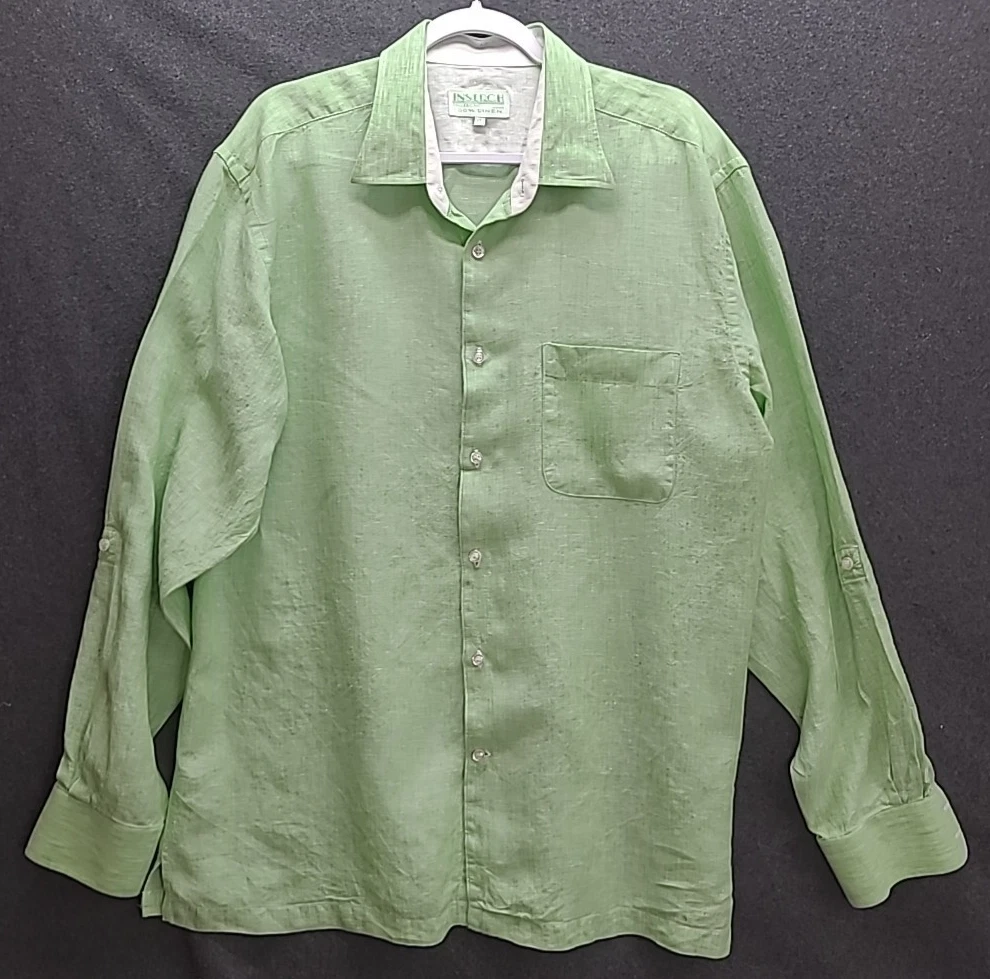 Inserch Mens Linen Shirt XL Green Roll Tab Sleeve Button Up