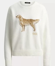 NWT Lauren Ralph Lauren Cotton Embroidered Dog Sweater, M, White Multi