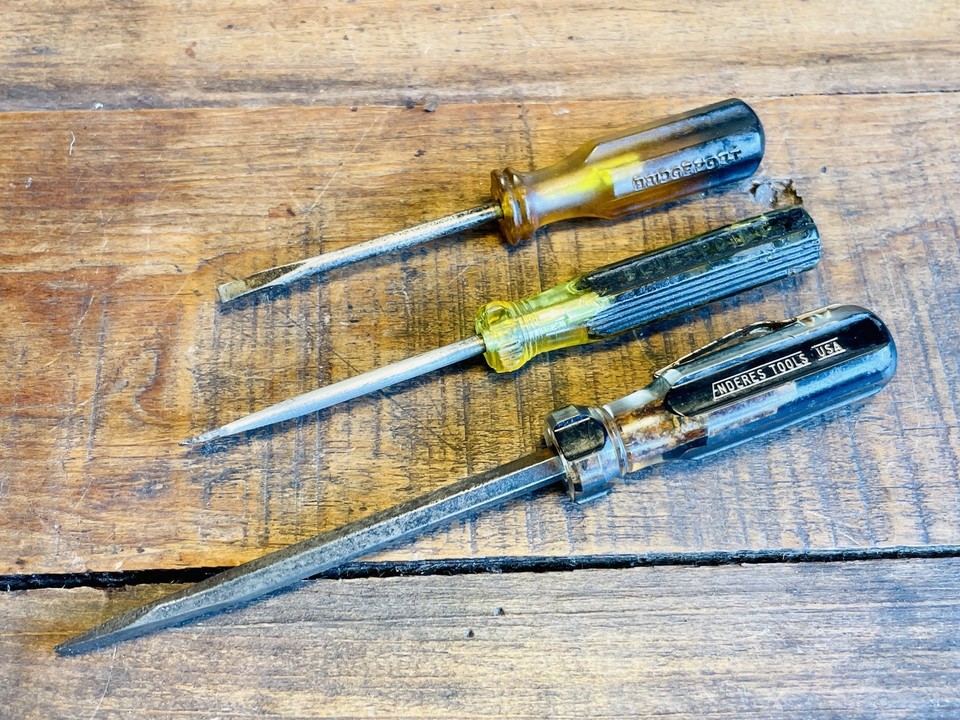 A set of vintage miniature slotted screwdrivers from Blue-Point and Bridgeport — tiny precision tools made in the USA when American tool quality was unmatched, and still genuinely useful today.