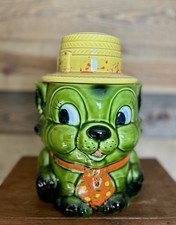 Vintage lata 1950. Japoński słoik na ciasteczka antropomorficzny zielony kot w top kapelusz połowa wieku