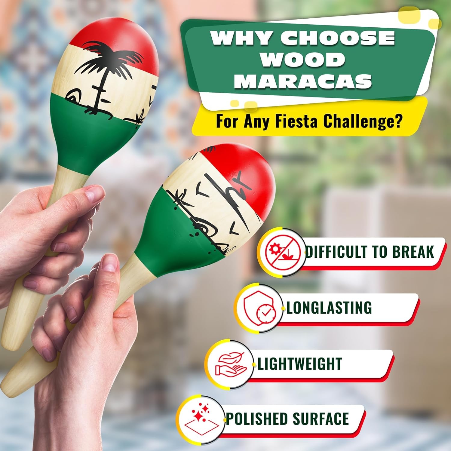 2 Pcs Large Wooden Maracas for Adults - 9.6” Durable Percussion Colorful 