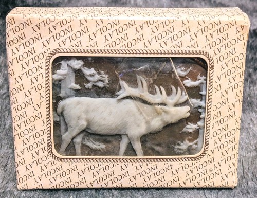 VINTAGE 1970'S Incolay Stone Elk Designer Belt Buckle Cameo 4WR In Original Box