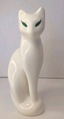 Vintage Ceramic 8in Ceramic White Siamese Cat Figure Green Eyes Brazil