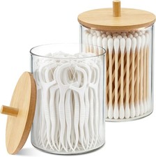 Glass Qtip Holder Dispenser Set - 10oz Cotton Swab Holder with Bamboo Lids,