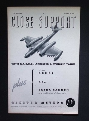Original 1950 Advert Gloster Meteor RAF Fighter Close Support