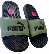 Puma Slides Sandals Black Green Boys Sz 4 Pool Shower Beach Travel House Slipper