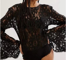 Free People Intimately Better With Time Lace Bodysuit Bell Sleeve Black XL NWT