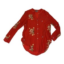 Figueroa  Flower women's medium red tunic embroidered floral shirt long johnny