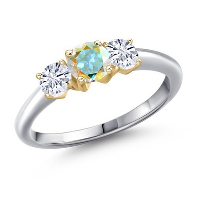 925 Silver and 10K Yellow Gold Mercury Mist Mystic Topaz and White Moissanite