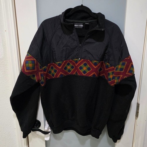 Pierre Cardin Vintage Quarter-Zip Sweater – Black w/ Red & Orange Pattern Size L