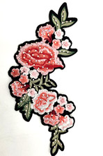 Floral Embroidered Rhinestone Applique Pink Roses Sew On Patch 10 In
