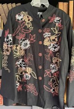 Indigo Moon Black Mandarin Collared Jacket Embroidered Metallic Flowers Sz XL